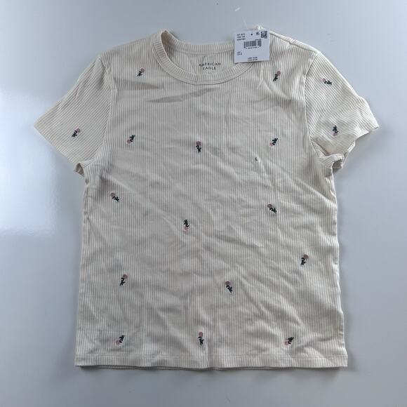 American Eagle Womens Ivory Pink Floral Embroidered Large Shirt Short Sleeve - Picture 1 of 12